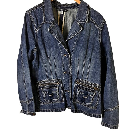 Old Navy Size XL Double-Pocket Zipper Dark Wash Denim Jacket Detail Medium Wash - Picture 5 of 11